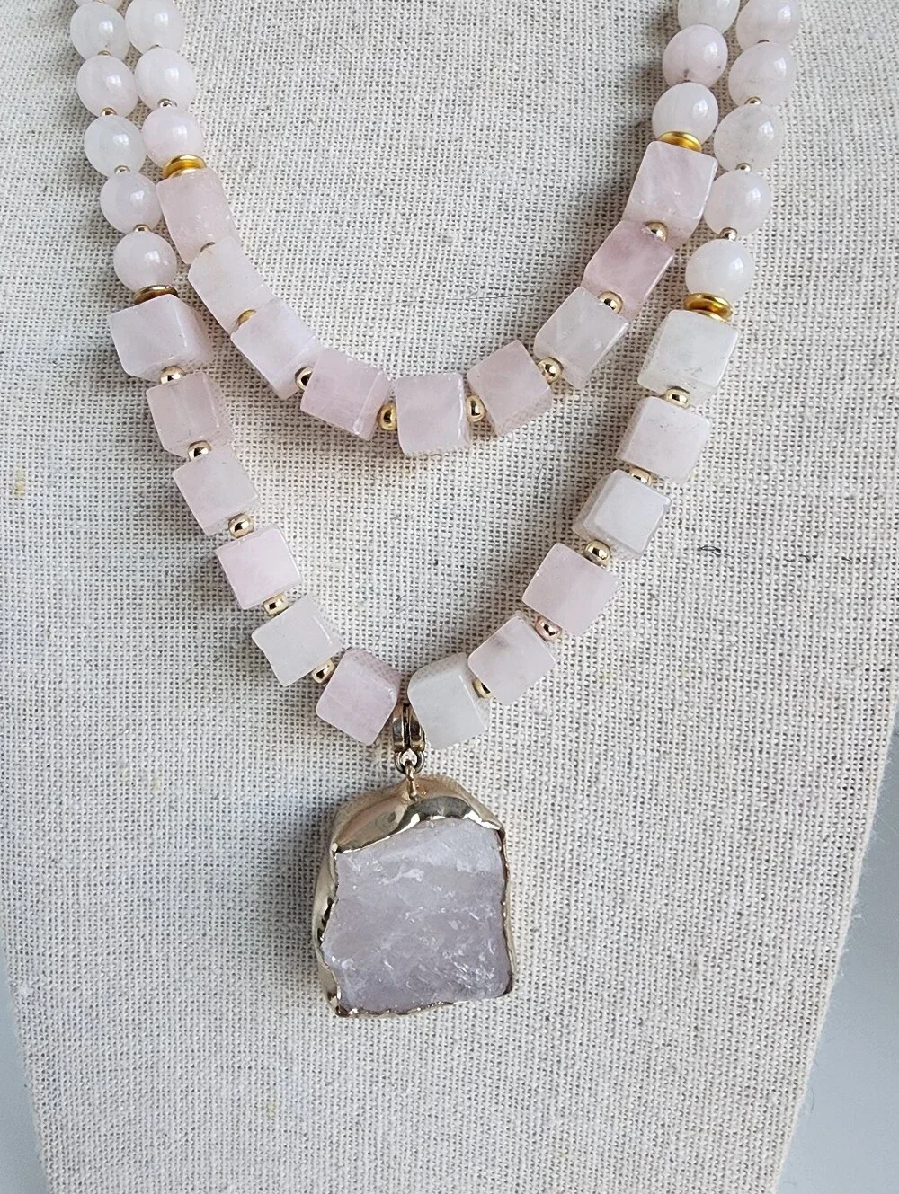 Rose Quartz Statement Necklace Double Strand Raw Stone Pendant 18" - Picture 2 of 5